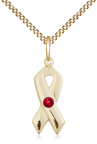 14kt Gold Filled Cancer Awareness Pendant with a 3mm Ruby Swarovski stone on a 18 inch Gold Plate Light Curb chain