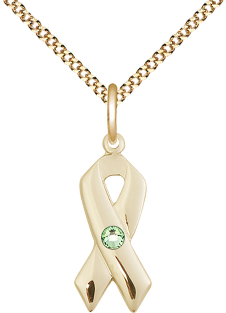 14kt Gold Filled Cancer Awareness Pendant with a 3mm Peridot Swarovski stone on a 18 inch Gold Plate Light Curb chain