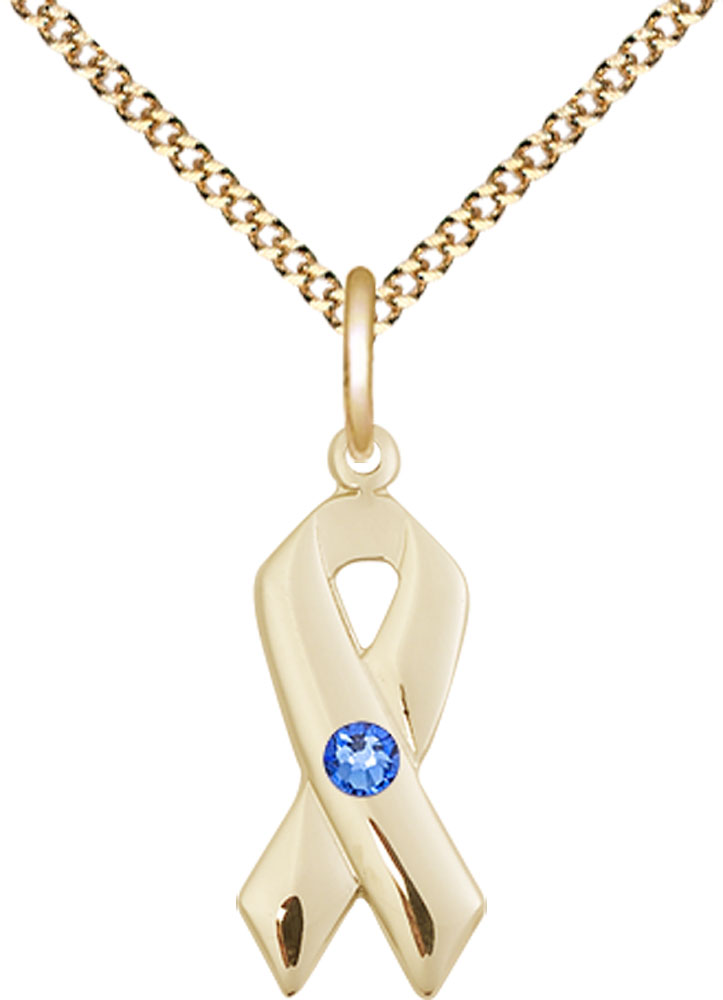 14kt Gold Filled Cancer Awareness Pendant with a 3mm Sapphire Swarovski stone on a 18 inch Gold Plate Light Curb chain