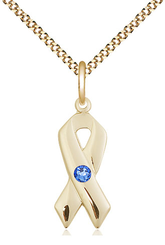 14kt Gold Filled Cancer Awareness Pendant with a 3mm Sapphire Swarovski stone on a 18 inch Gold Plate Light Curb chain