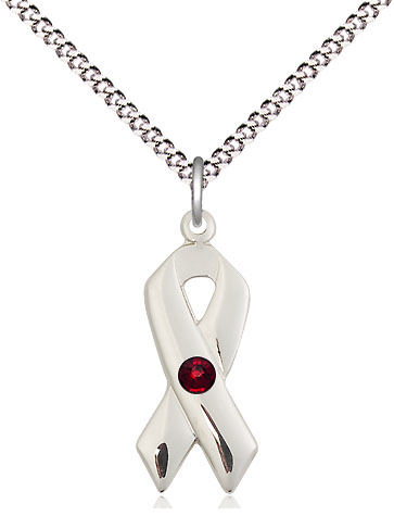 Sterling Silver Cancer Awareness Pendant with a 3mm Garnet Swarovski stone on a 18 inch Light Rhodium Light Curb chain
