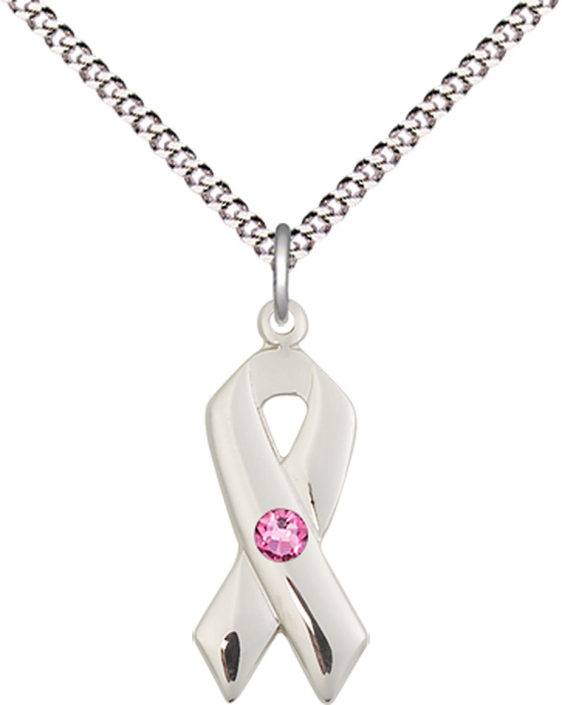 Sterling Silver Cancer Awareness Pendant with a 3mm Rose Swarovski stone on a 18 inch Light Rhodium Light Curb chain
