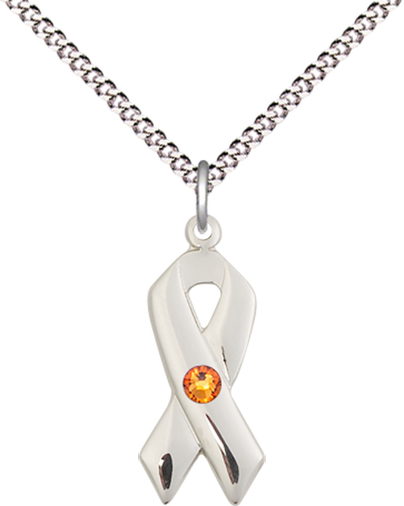 Sterling Silver Cancer Awareness Pendant with a 3mm Topaz Swarovski stone on a 18 inch Light Rhodium Light Curb chain