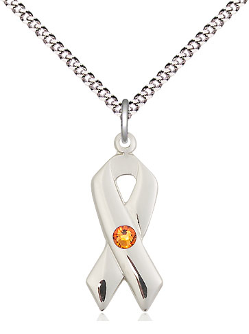 Sterling Silver Cancer Awareness Pendant with a 3mm Topaz Swarovski stone on a 18 inch Light Rhodium Light Curb chain