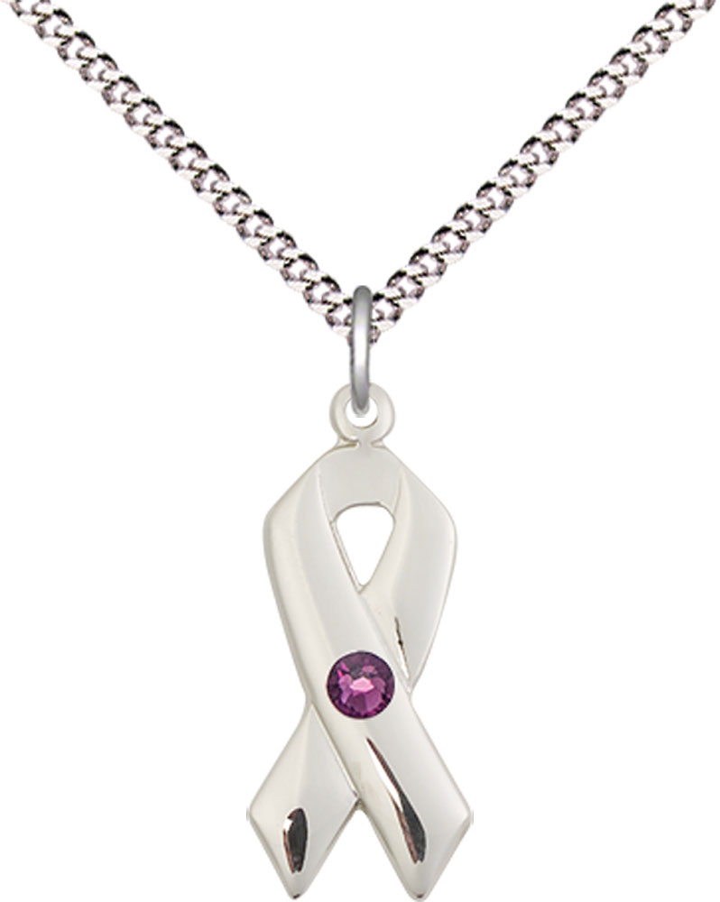 Sterling Silver Cancer Awareness Pendant with a 3mm Amethyst Swarovski stone on a 18 inch Light Rhodium Light Curb chain
