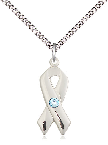 Sterling Silver Cancer Awareness Pendant with a 3mm Aqua Swarovski stone on a 18 inch Light Rhodium Light Curb chain