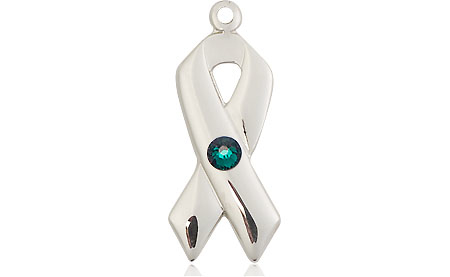 Sterling Silver Cancer Awareness Medal with a 3mm Emerald Swarovski stone