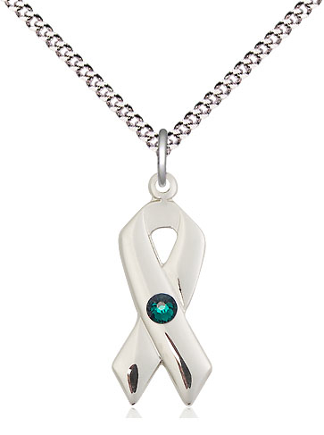 Sterling Silver Cancer Awareness Pendant with a 3mm Emerald Swarovski stone on a 18 inch Light Rhodium Light Curb chain