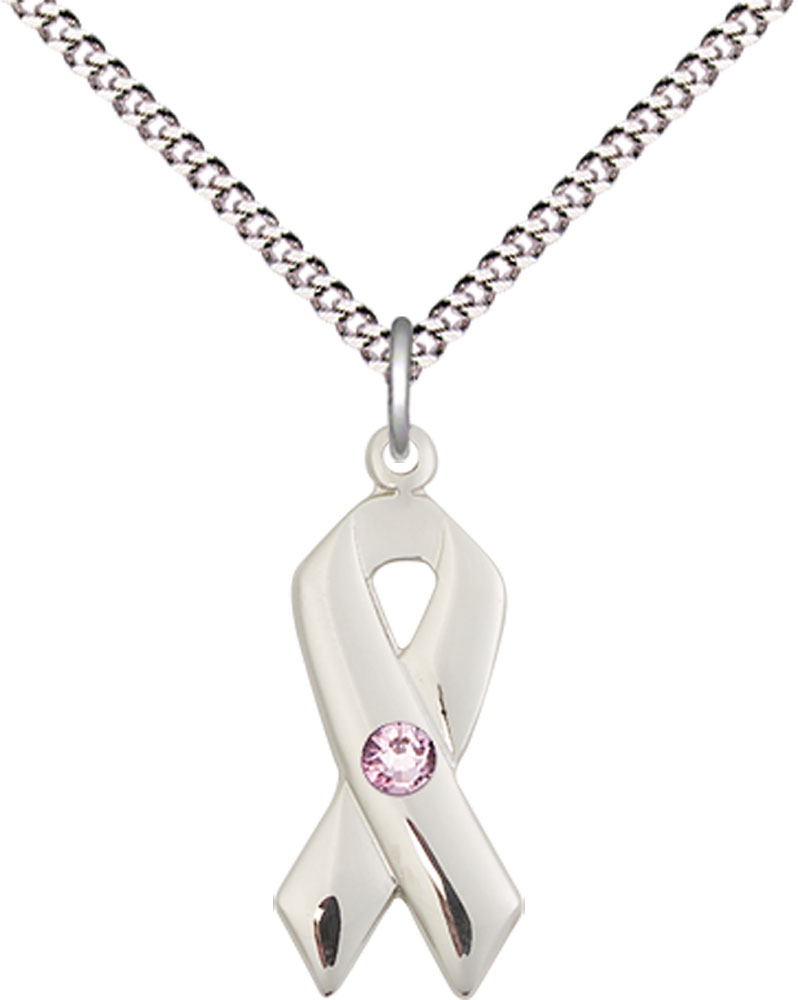 Sterling Silver Cancer Awareness Pendant with a 3mm Light Amethyst Swarovski stone on a 18 inch Light Rhodium Light Curb chain