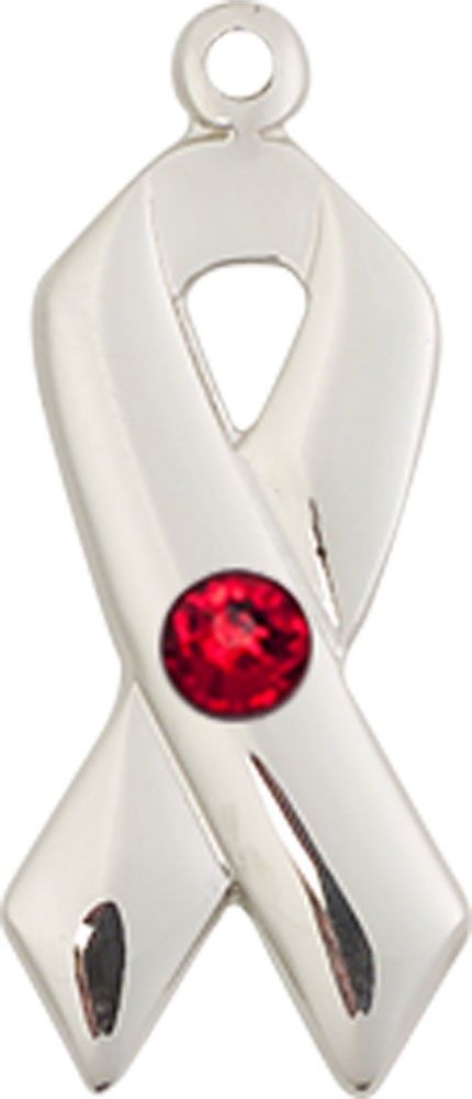 Sterling Silver Cancer Awareness Medal with a 3mm Ruby Swarovski stone