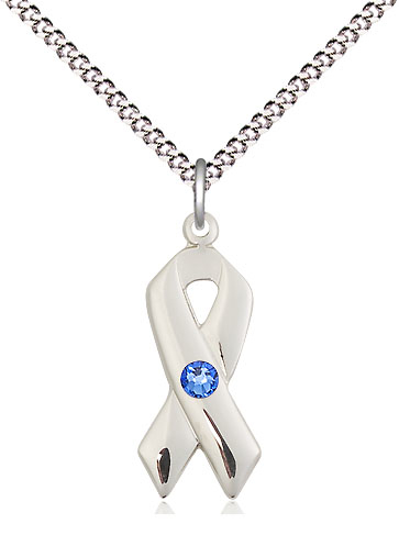 Sterling Silver Cancer Awareness Pendant with a 3mm Sapphire Swarovski stone on a 18 inch Light Rhodium Light Curb chain