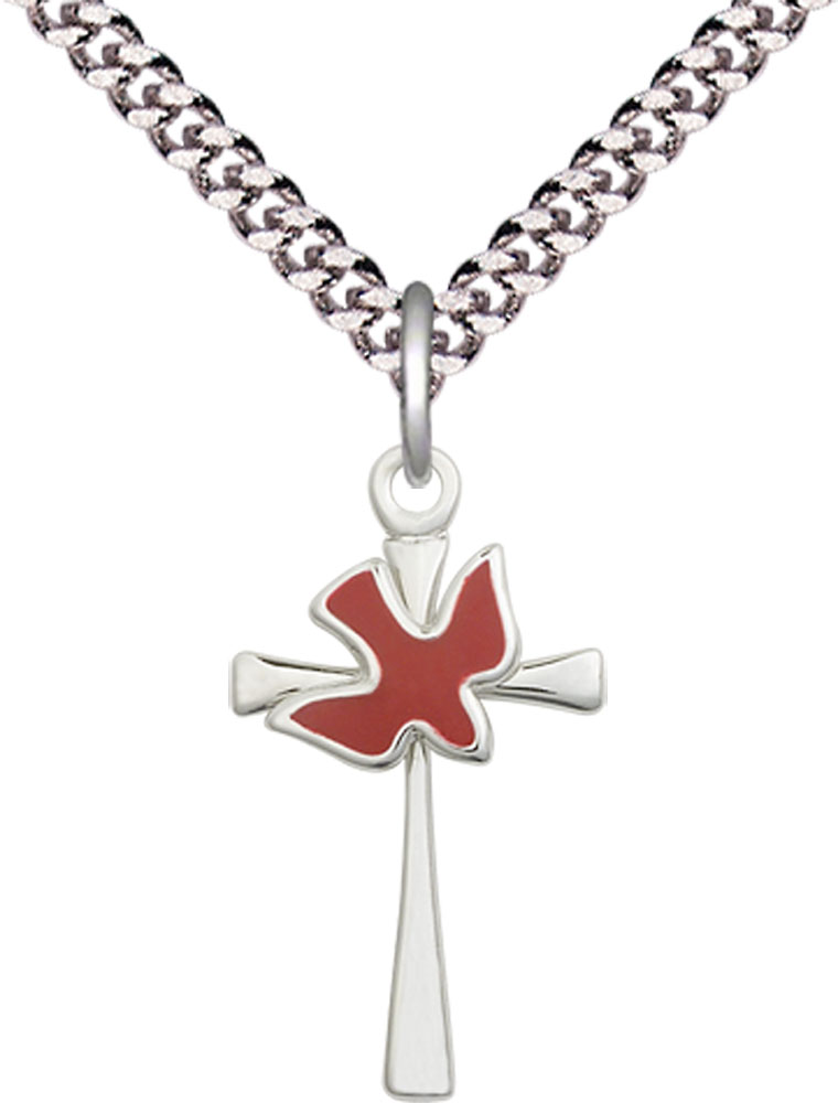 Sterling Silver Cross / Holy Spirit Pendant on a 24 inch Light Rhodium Heavy Curb chain