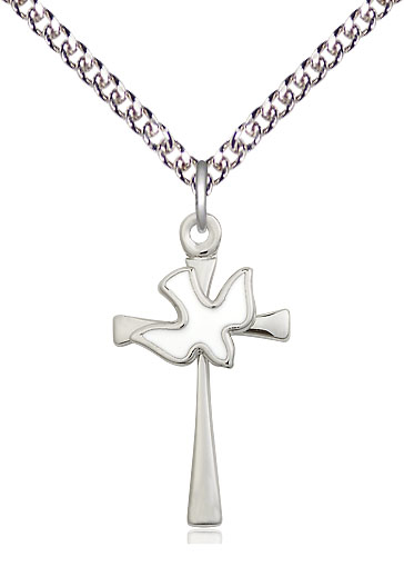 Sterling Silver Cross / Holy Spirit Pendant on a 24 inch Sterling Silver Heavy Curb chain