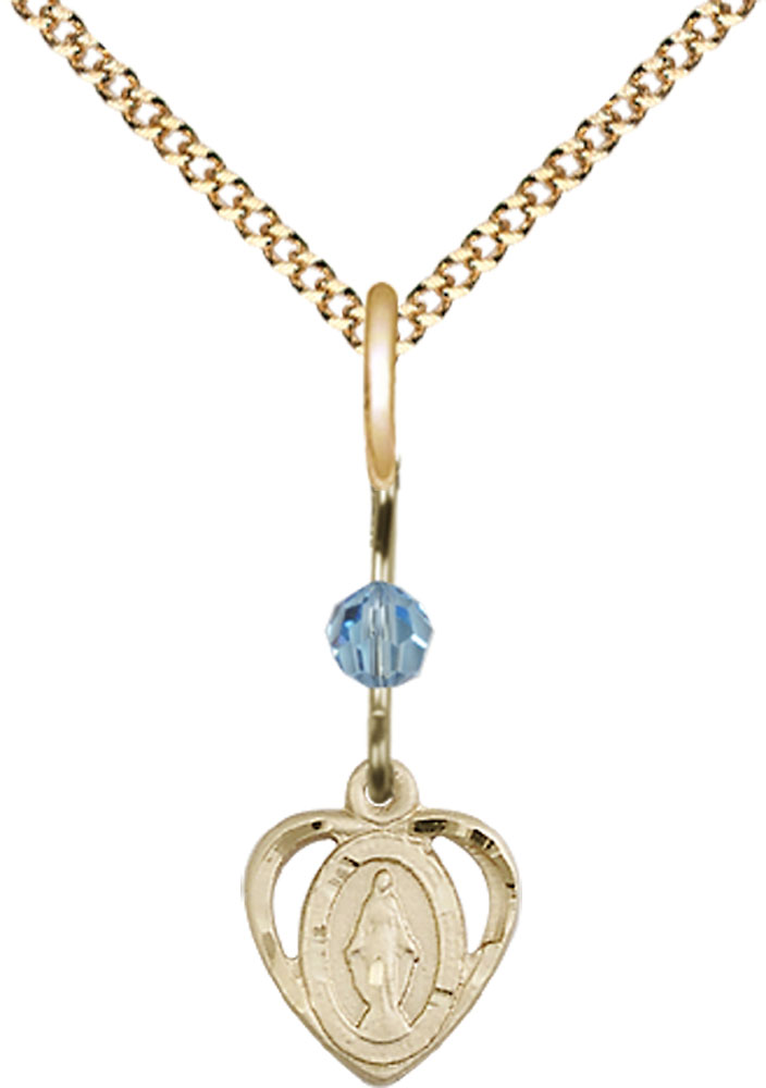 14kt Gold Filled Miraculous Pendant with an Aqua bead on a 18 inch Gold Plate Light Curb chain