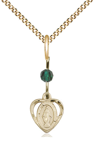14kt Gold Filled Miraculous Pendant with a Emerald bead on a 18 inch Gold Plate Light Curb chain