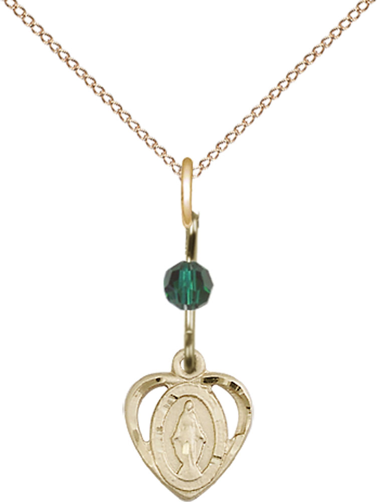 14kt Gold Filled Miraculous Pendant with a Emerald bead on a 18 inch Gold Filled Light Curb chain