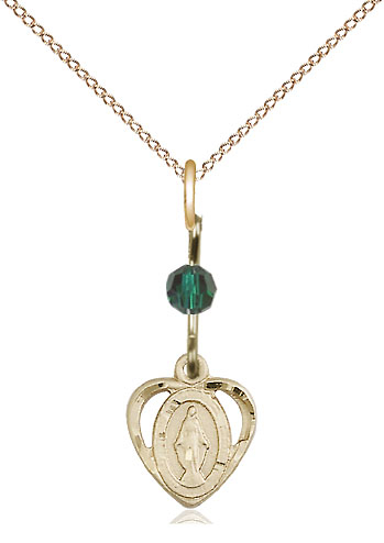 14kt Gold Filled Miraculous Pendant with a Emerald bead on a 18 inch Gold Filled Light Curb chain