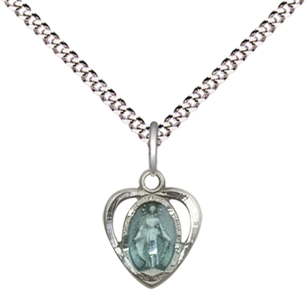 Sterling Silver Miraculous Heart w/Epoxy Pendant on a 18 inch Light Rhodium Light Curb chain