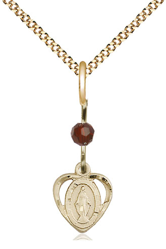 14kt Gold Filled Miraculous Pendant with a Garnet bead on a 18 inch Gold Plate Light Curb chain