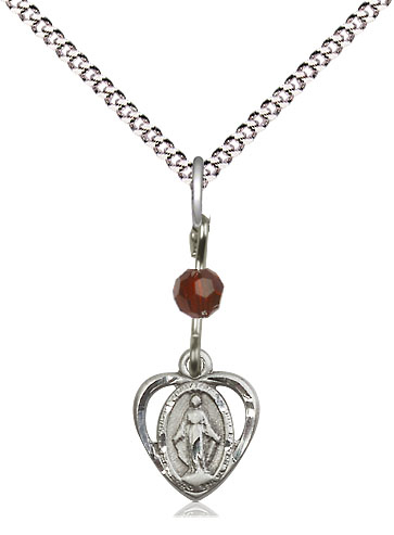 Sterling Silver Miraculous Pendant with a Garnet bead on a 18 inch Light Rhodium Light Curb chain