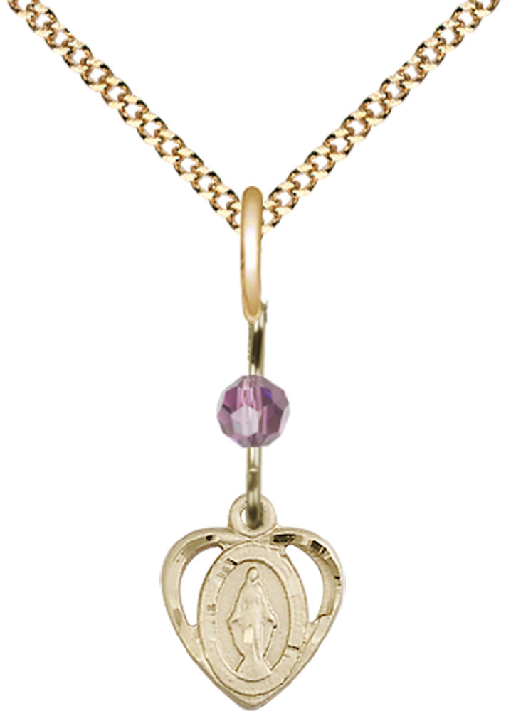 14kt Gold Filled Miraculous Pendant with a Light Amethyst bead on a 18 inch Gold Plate Light Curb chain