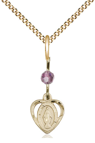 14kt Gold Filled Miraculous Pendant with a Light Amethyst bead on a 18 inch Gold Plate Light Curb chain