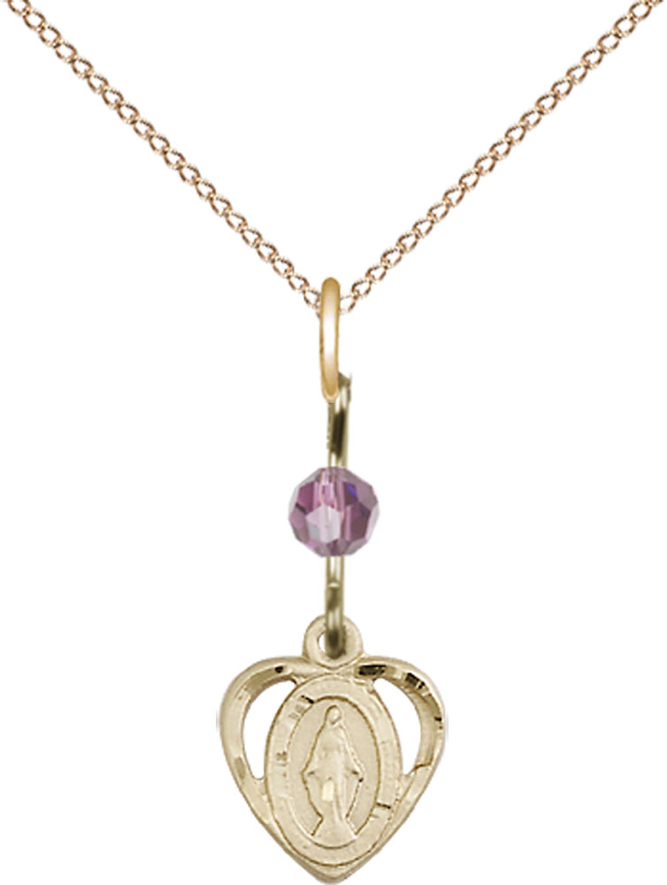 14kt Gold Filled Miraculous Pendant with a Light Amethyst bead on a 18 inch Gold Filled Light Curb chain