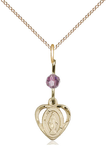 14kt Gold Filled Miraculous Pendant with a Light Amethyst bead on a 18 inch Gold Filled Light Curb chain