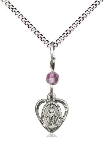Sterling Silver Miraculous Pendant with a Light Amethyst bead on a 18 inch Light Rhodium Light Curb chain