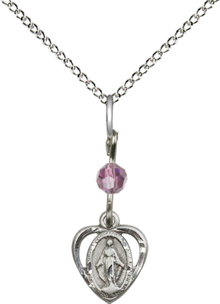 Sterling Silver Miraculous Pendant with a Light Amethyst bead on a 18 inch Sterling Silver Light Curb chain