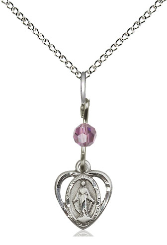 Sterling Silver Miraculous Pendant with a Light Amethyst bead on a 18 inch Sterling Silver Light Curb chain