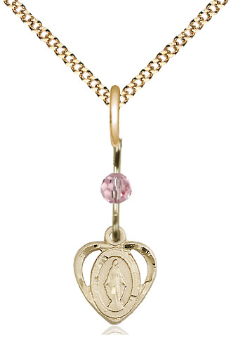 14kt Gold Filled Miraculous Pendant with a Light Rose bead on a 18 inch Gold Plate Light Curb chain