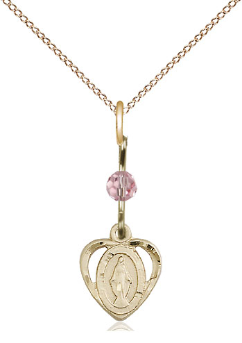 14kt Gold Filled Miraculous Pendant with a Light Rose bead on a 18 inch Gold Filled Light Curb chain