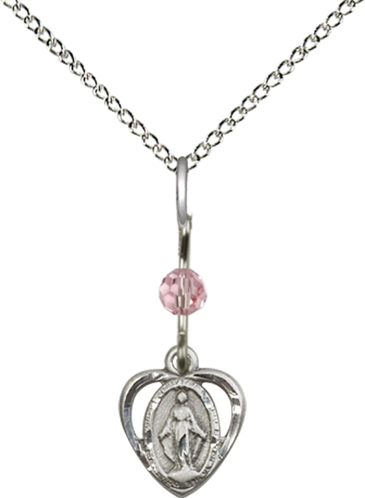 Sterling Silver Miraculous Pendant with a Light Rose bead on a 18 inch Sterling Silver Light Curb chain