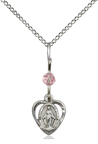 Sterling Silver Miraculous Pendant with a Light Rose bead on a 18 inch Sterling Silver Light Curb chain