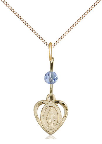 14kt Gold Filled Miraculous Pendant with a Light Sapphire bead on a 18 inch Gold Filled Light Curb chain