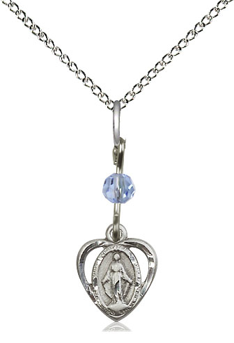 Sterling Silver Miraculous Pendant with a Light Sapphire bead on a 18 inch Sterling Silver Light Curb chain