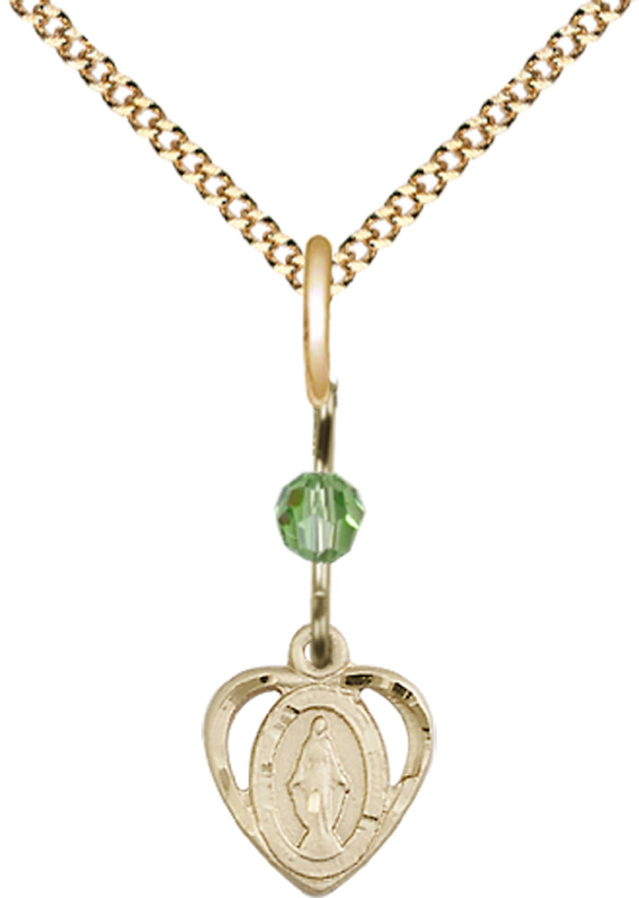 14kt Gold Filled Miraculous Pendant with a Peridot bead on a 18 inch Gold Plate Light Curb chain