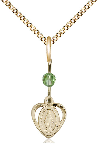 14kt Gold Filled Miraculous Pendant with a Peridot bead on a 18 inch Gold Plate Light Curb chain