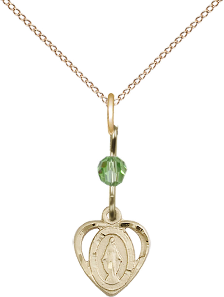 14kt Gold Filled Miraculous Pendant with a Peridot bead on a 18 inch Gold Filled Light Curb chain