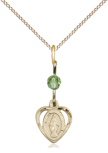 14kt Gold Filled Miraculous Pendant with a Peridot bead on a 18 inch Gold Filled Light Curb chain