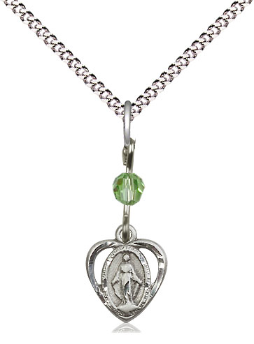 Sterling Silver Miraculous Pendant with a Peridot bead on a 18 inch Light Rhodium Light Curb chain