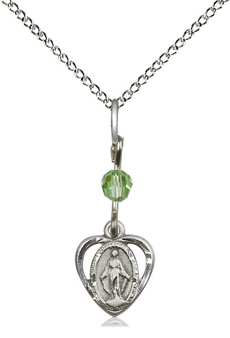 Sterling Silver Miraculous Pendant with a Peridot bead on a 18 inch Sterling Silver Light Curb chain