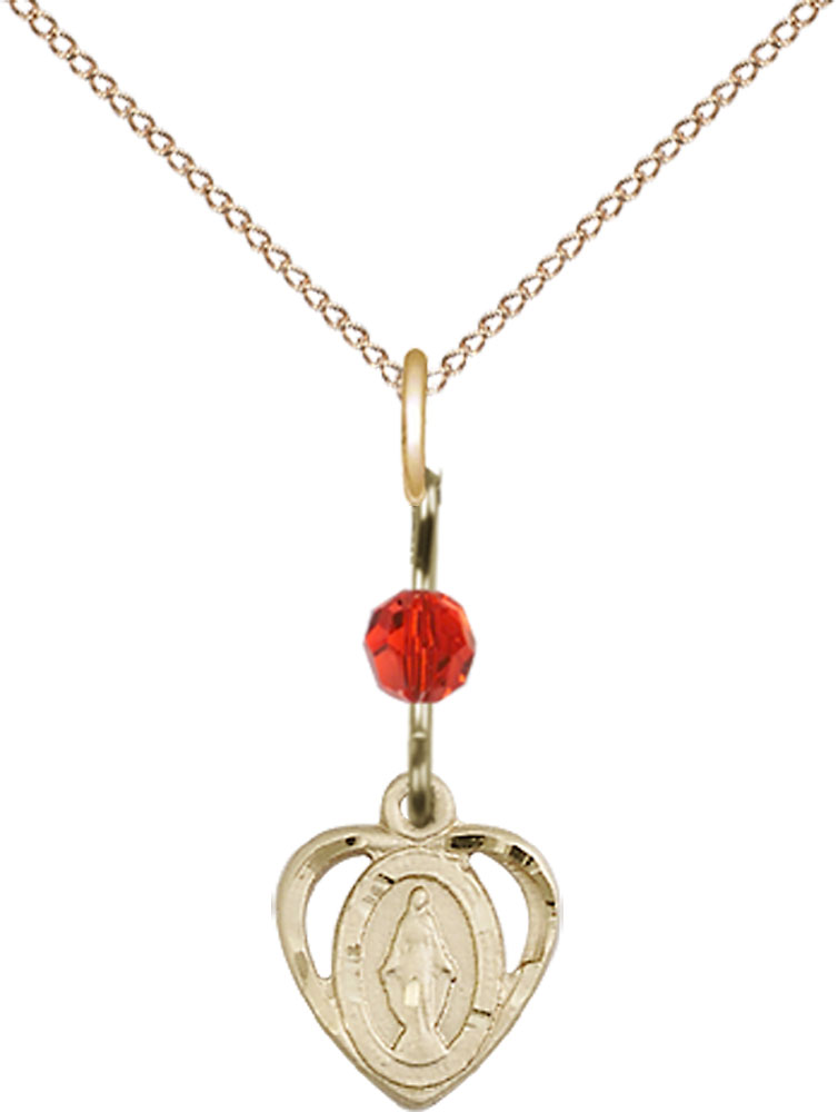 14kt Gold Filled Miraculous Pendant with a Ruby bead on a 18 inch Gold Filled Light Curb chain