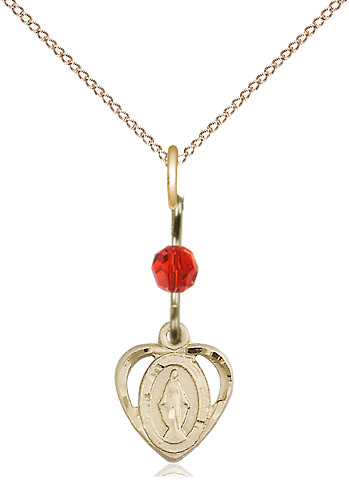 14kt Gold Filled Miraculous Pendant with a Ruby bead on a 18 inch Gold Filled Light Curb chain