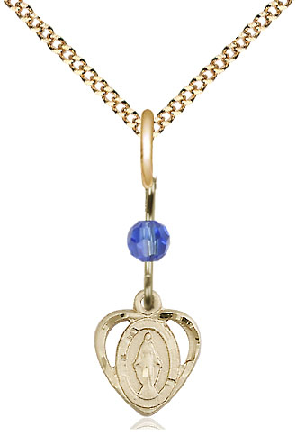 14kt Gold Filled Miraculous Pendant with a Sapphire bead on a 18 inch Gold Plate Light Curb chain