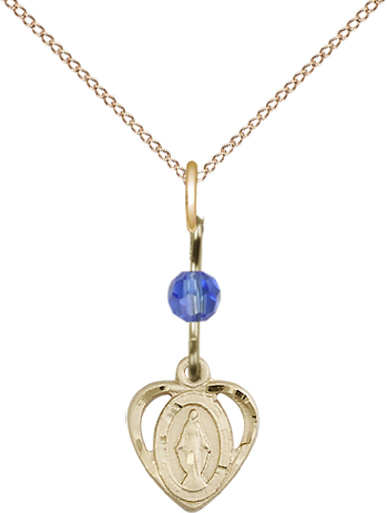 14kt Gold Filled Miraculous Pendant with a Sapphire bead on a 18 inch Gold Filled Light Curb chain