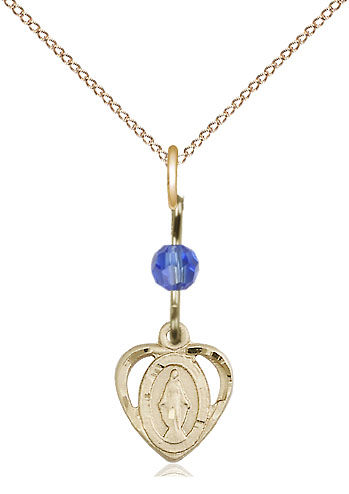 14kt Gold Filled Miraculous Pendant with a Sapphire bead on a 18 inch Gold Filled Light Curb chain