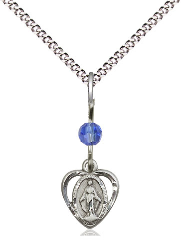 Sterling Silver Miraculous Pendant with a Sapphire bead on a 18 inch Light Rhodium Light Curb chain