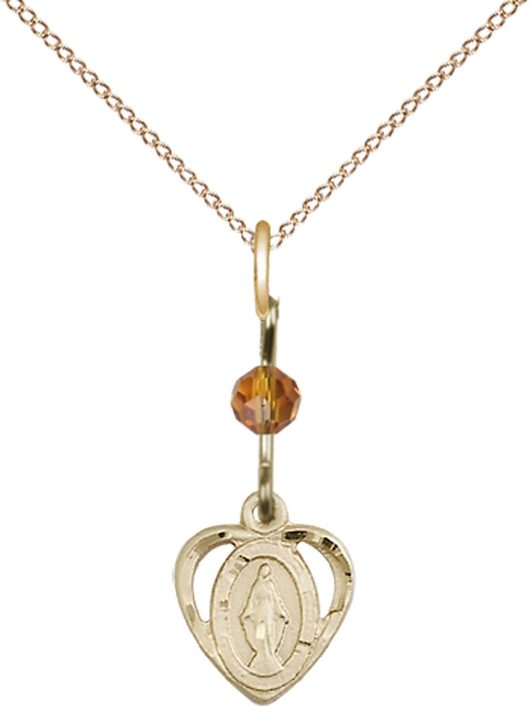 14kt Gold Filled Miraculous Pendant with a Topaz bead on a 18 inch Gold Filled Light Curb chain